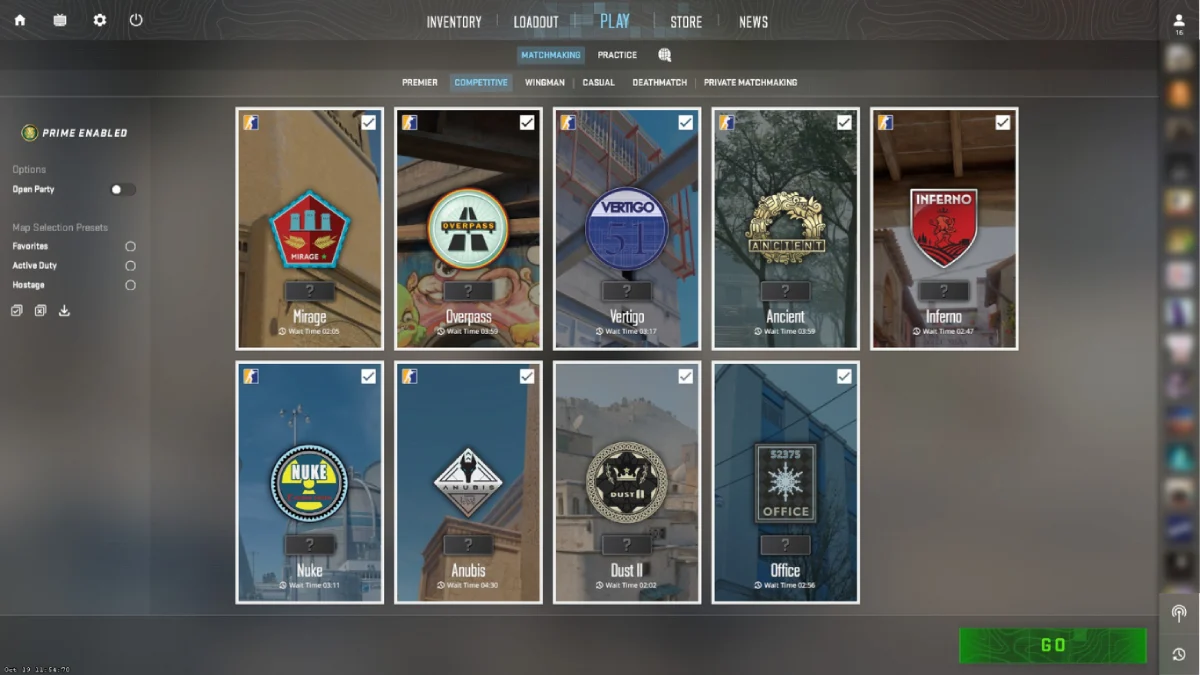 CS2 game modes menu screen featuring different badge types