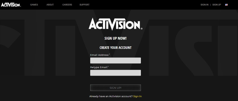 the image shows the activision website to create a COD Warzone account