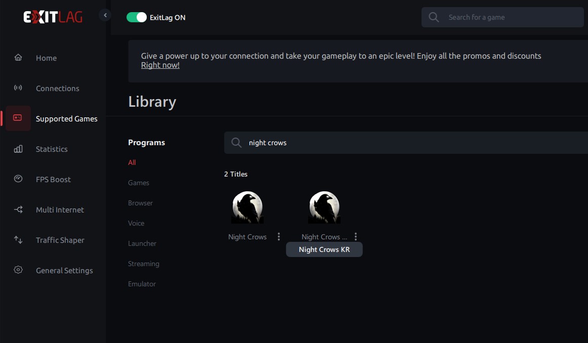 selecting night crows in ExitLag game library