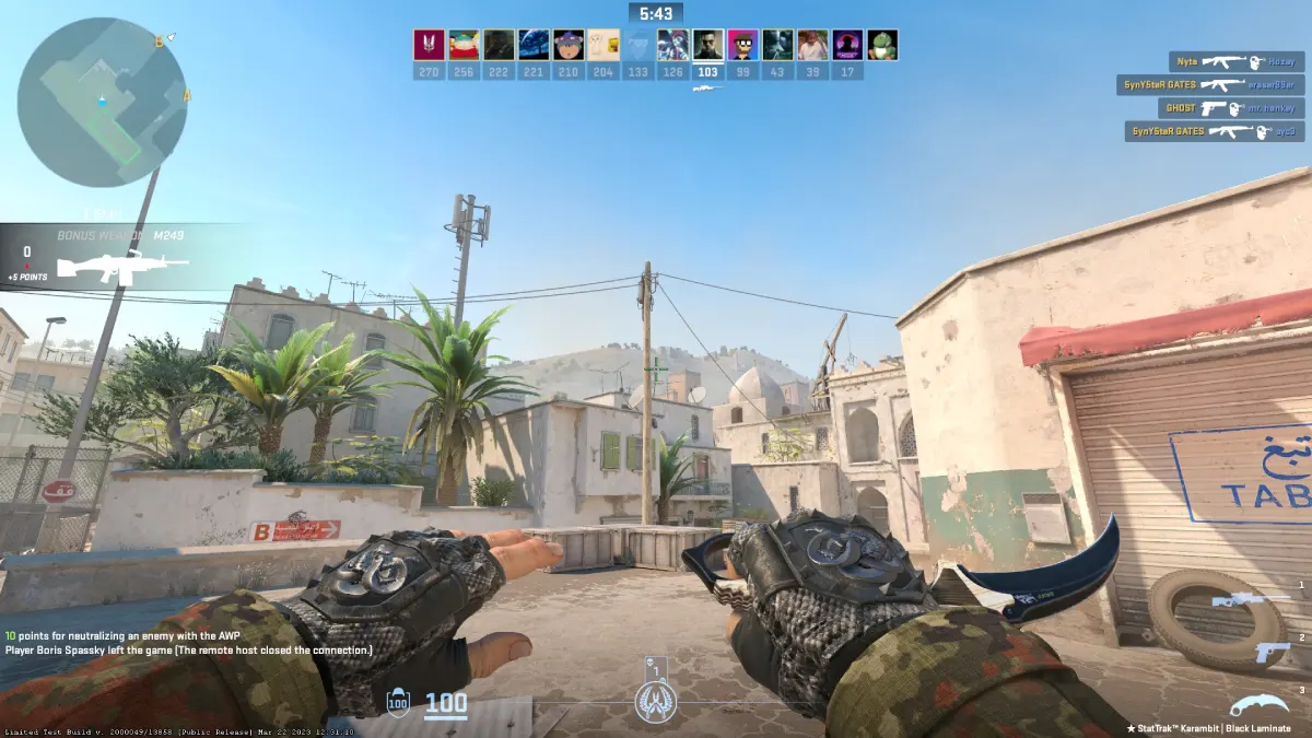 A screenshot of CS2 gameplay featuring a gun in hand, ready for action