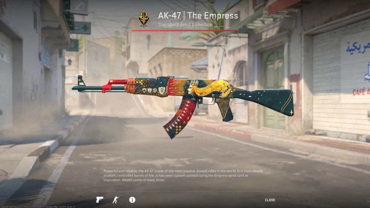 An AK-47 with a vibrant red and yellow design, representing a skin for the AK47 in CS2.
