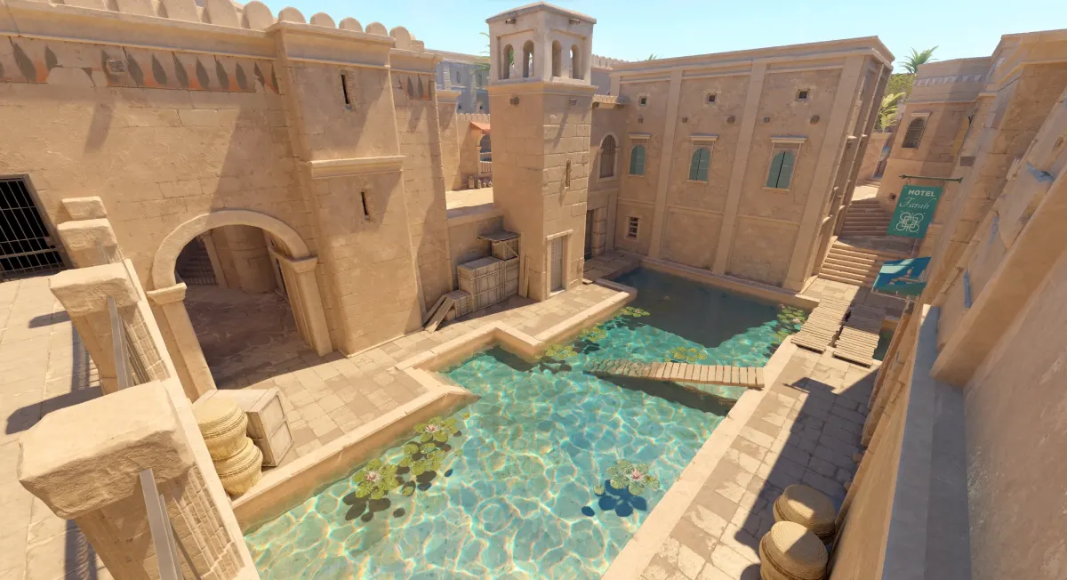 A small pool in an old building, as seen in the CS2 map Anubis