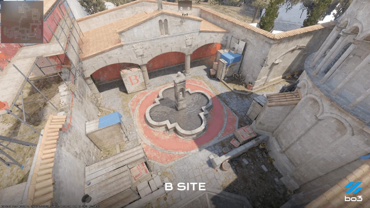 Inferno map's building featuring a church in a screenshot.