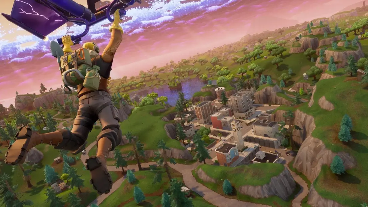 Fortnite character parachuting into battle royale mode on the PC