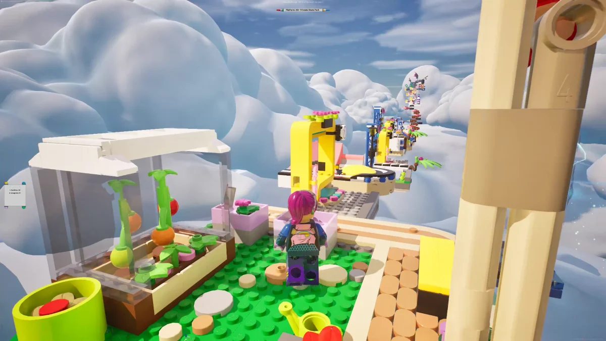 Image of a Fortnite character in LEGO Obby Fun mode, surrounded by a LEGO city with endless possibilities
