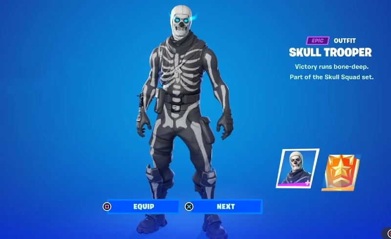  Fortnite skeleton skin character, known as Skull Trooper, wearing a black outfit with a skeleton design.