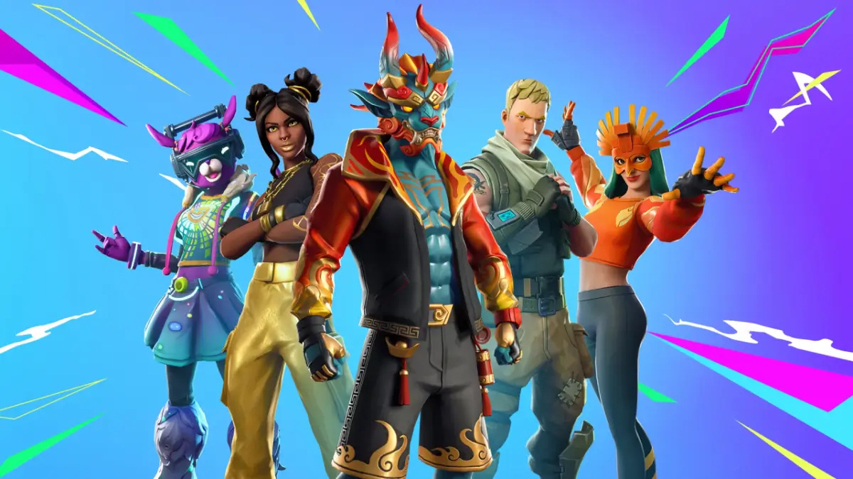 A group of five Fortnite characters standing in a line, each sporting unique and detailed Fortnite skins with various colors and designs, set against a bright blue background with colorful streaks.