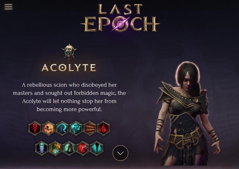 Displaying the atributes of acolyte, a class in game last epoch