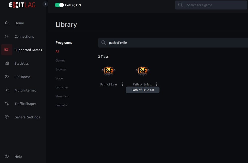 showcasing ExitLag software selecting Path of Exile in gaming library