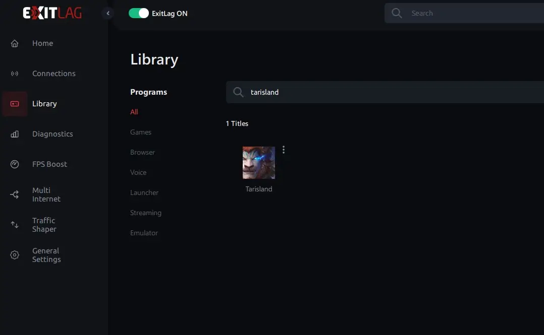 finding tarisland on ExitLag library