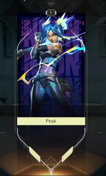 Image of valorant player card showcasing a woman in a blue dress and blue hair, depicting the Valorant agent Neon