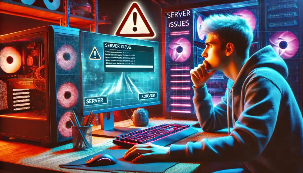 A gamer is seated at their computer, displaying signs of annoyance as they experience lag caused by server problems during gameplay.