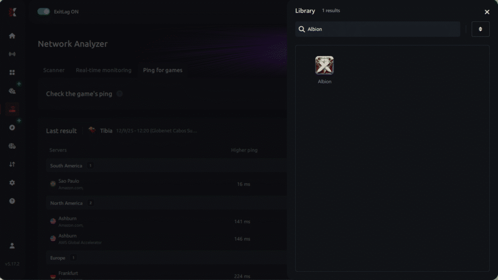 Select game for ping for games Albion Online