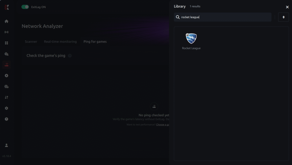Select game for ping for games Rocket League