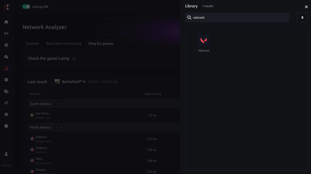 Select game for ping for games Valorant