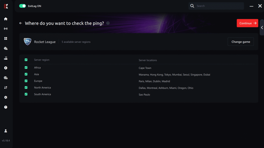 Select region ping for games Rocket League
