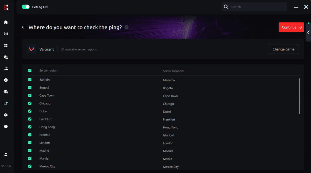 Select region ping for games Valorant