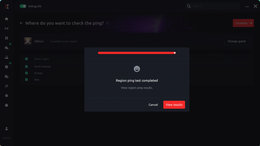 View result ping for game Albion Online