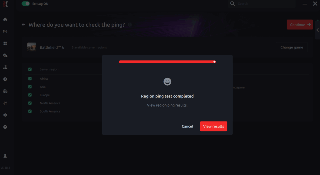View result ping for game Battlefield 6
