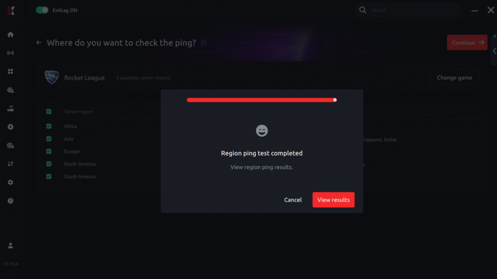 View result ping for game Rocket League