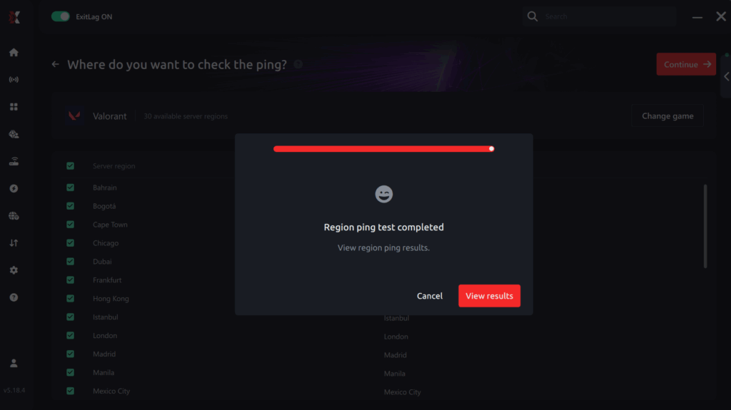 View result ping for game Valorant