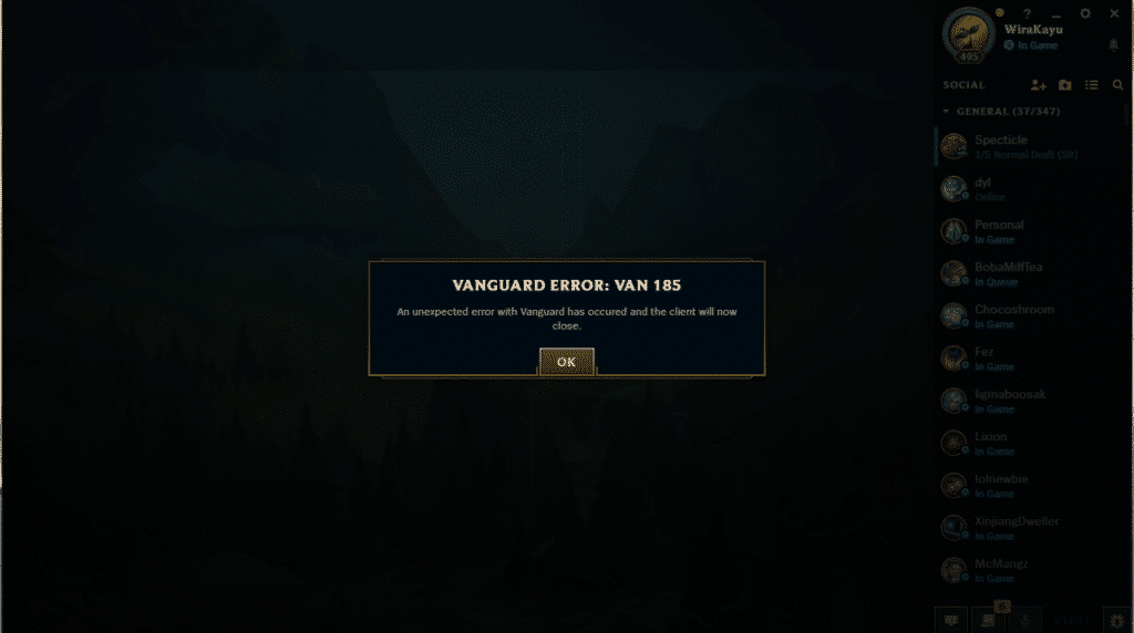 league of legends vanguard errors
