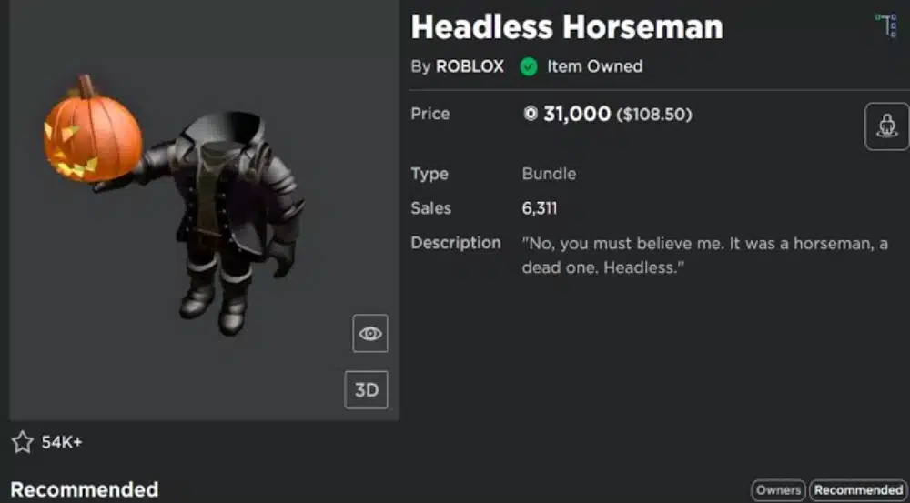 Roblox 헤드리스 가격